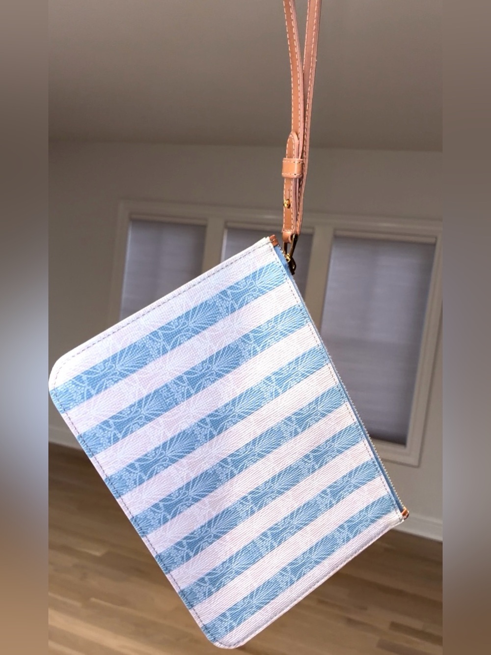 Liberty London Iphis Stripe Blue Coated Canvas Leather Wristlet Clutch Pouch